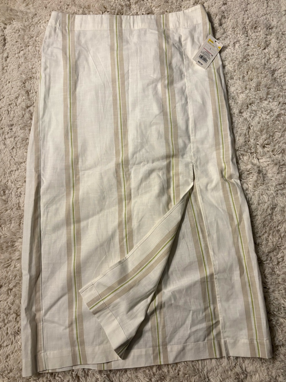 A New Day White Midi Skirt with Green and Beige Stripes Elastic Waist